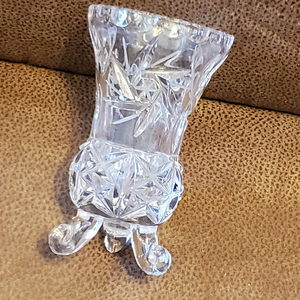 Vintage lead crystal etched three legged vase